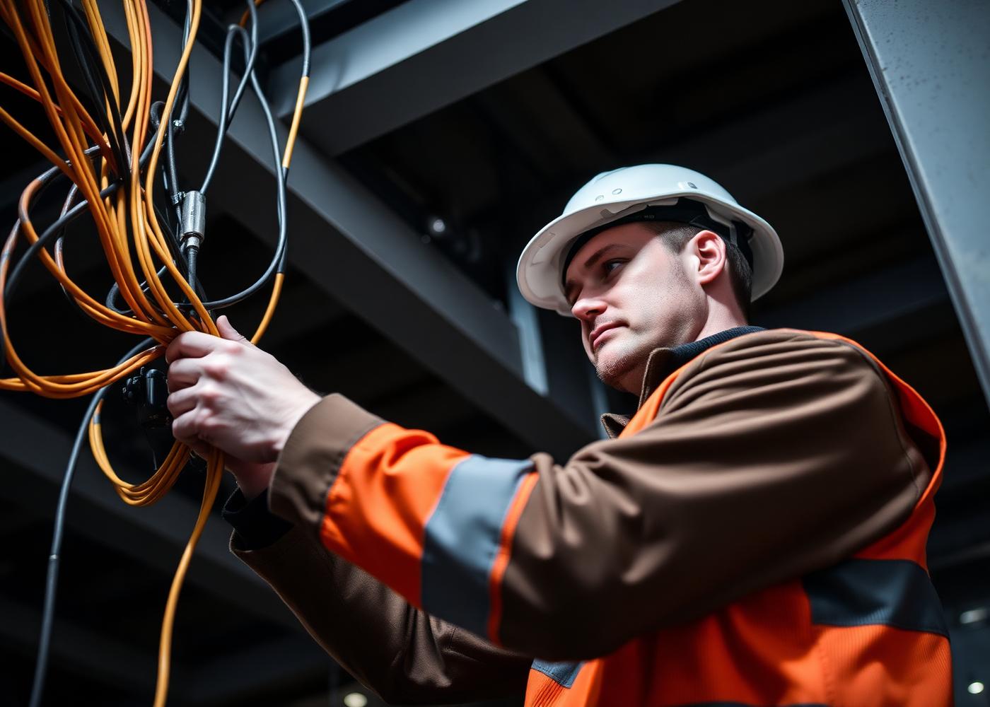 Technik HPEL provádí montáž kabeláže v objektu ve výstavbě
